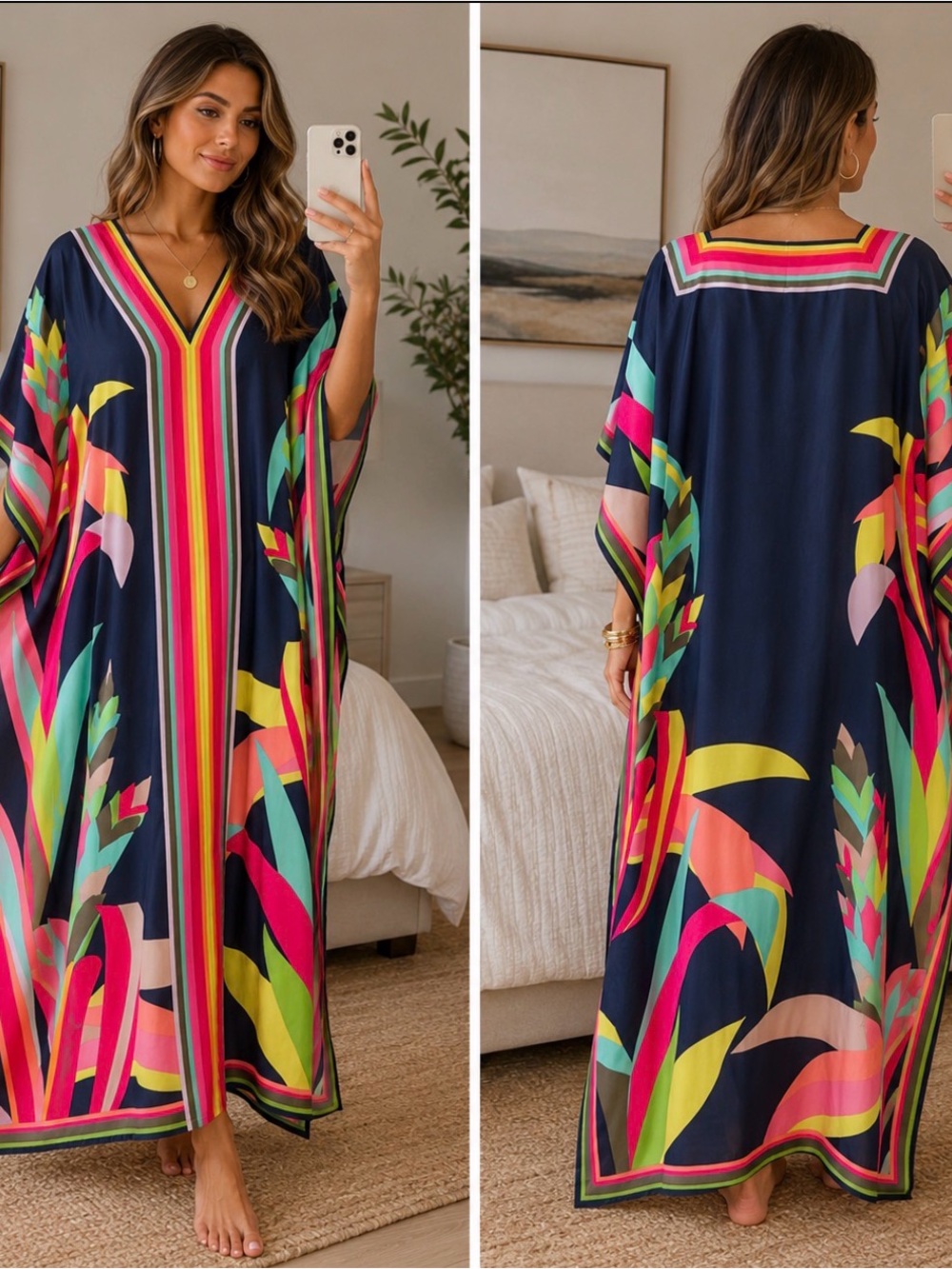 🏆 Trina Turk Style Tropical Caftan Kaftan Maxi Dress | Beach Cover Up - Picture 6 of 6